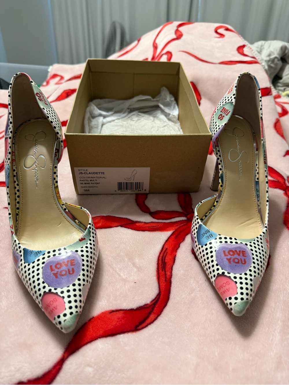 Jessica Simpson White Polka Dot 'Love You' Heart Accent Pointed-Toe Pumps